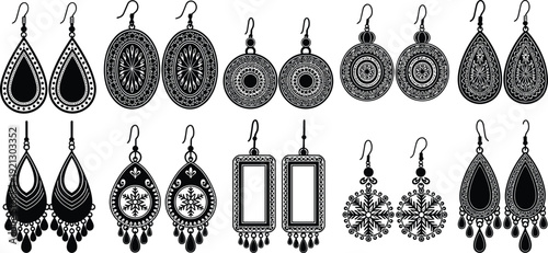 Decorative Vintage Earrings Silhouette Collection with Teardrop, Oval and Rectangular Dangle Designs Black Vector Illustration Set for Jewelry