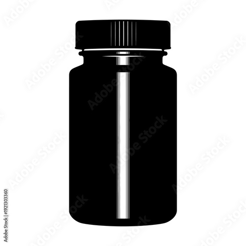 black minimalist pill bottle illustration with ribbed cap isolated on white representing health medicine and clean product packaging.