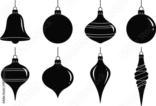 Classic Christmas Ornament Silhouette Collection with Hanging Baubles and Bell Shapes Black Vector Illustration Set for Festive Holiday Designs