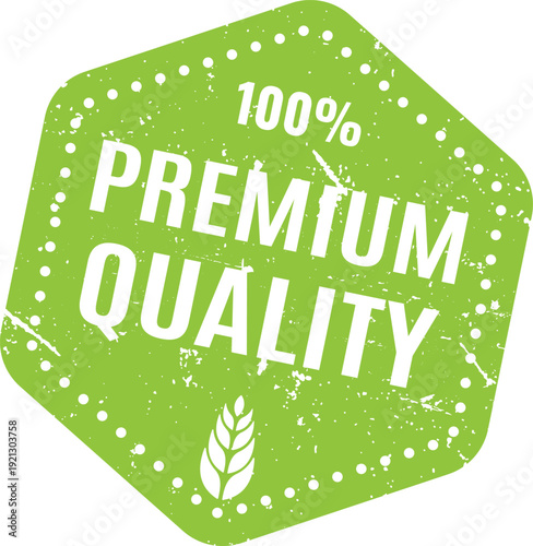 Bright green hexagonal premium quality stamp with wheat grain icon for natural and organic goods
