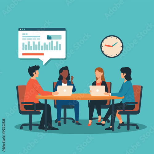 Four diverse business professionals collaborate in a meeting room discussing performance data displayed on a digital chart projected above the table during their corporate strategy session