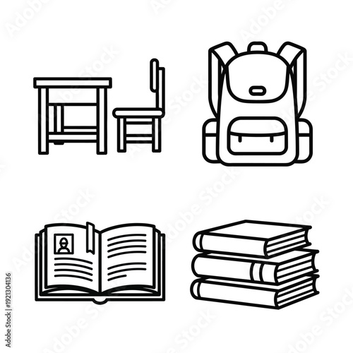 Minimalist line art icons depicting school desk, chair, backpack, open book with portrait, and stack of books, symbolizing education and study, isolated on white background.