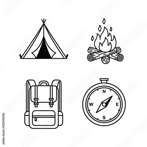 Minimalist Outline Icons A Camping Tent, Crackling Campfire, Hiking Backpack, and Navigational Compass, Representing Outdoor Adventure and Exploration.