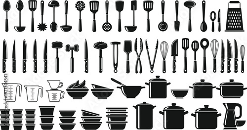 Complete Kitchen Utensils and Cookware Silhouette Collection with Knives, Pots, Pans, Bowls and Appliances Black Vector Illustration Set