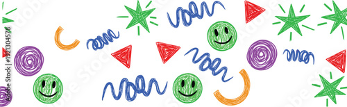 Colorful hand drawn abstract shapes featuring green smiley faces stars triangles and swirls for creative playful and modern graphic design, cad drawing flat vector illustration
