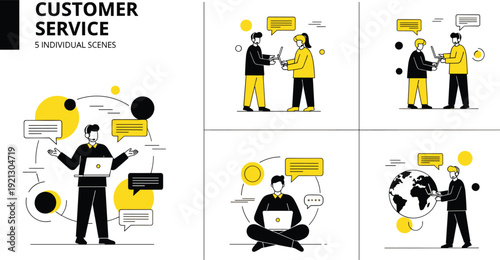 Flat vector illustration of professional customer service team providing global support via laptop with speech bubbles and communication icons, cad drawing flat vector illustration