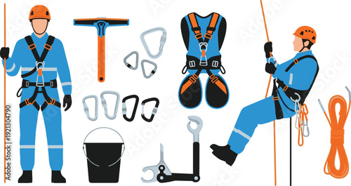 Industrial high altitude work safety equipment set, professional window cleaner rappelling, climbing harness gear, carabiners and ropes, worker protection tools,