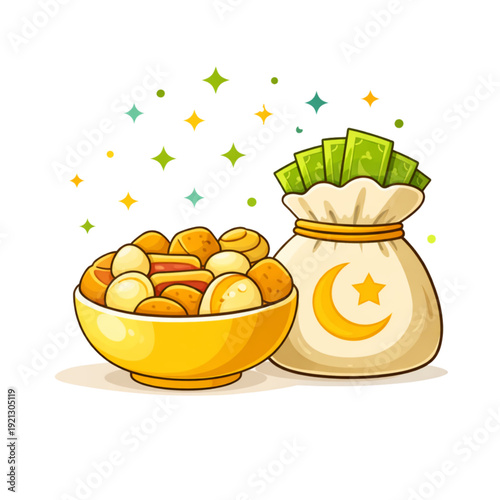 Golden Coins and Money Bag with Crescent Moon Symbol