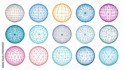 Abstract wireframe spheres and geometric mesh globes set showing multiple grid patterns and circular perspectives