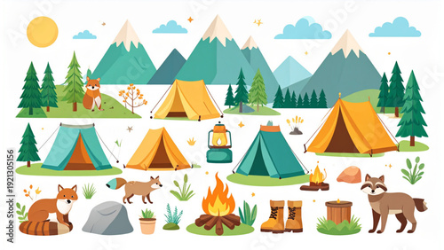 Cute Camping and Outdoor Adventure Vector Set, Forest Animals, Tents, Campfire, Lanterns and Hiking Gear Flat Illustration Pack