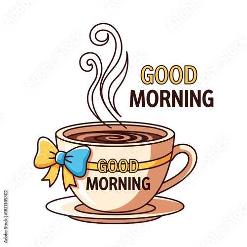 Steaming Coffee Cup with "Good Morning" Text and Bow Accent