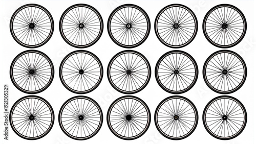 Black and White Bicycle Wheel Icon Set, Minimalist Vector Wheels with Multiple Spoke Styles and Rim Thicknesses