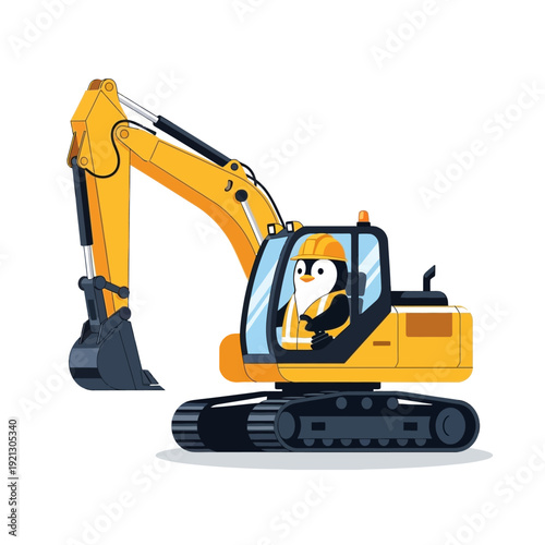 Cute Penguin Driving Excavator Construction Machine