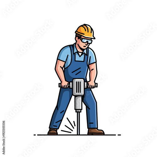 Construction worker operating a jackhammer, breaking concrete ground with dust.