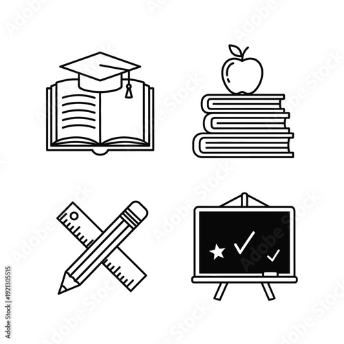Conceptual line art icons of education, learning, and school subjects with graduation cap, open book, stack of books with apple, ruler, pencil, and blackboard with chalk drawings.