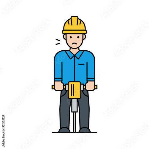Construction worker operating a jackhammer, looking tired and overworked