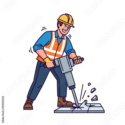 Construction worker with jackhammer breaking concrete pavement