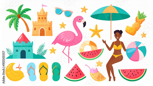 Bright Summer Beach Object Collection, Flat Colorful Vacation Elements Set with Flamingo, Umbrella, Watermelon and Swimsuit Girl