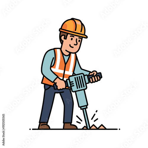 Construction worker operating a jackhammer to break concrete pavement
