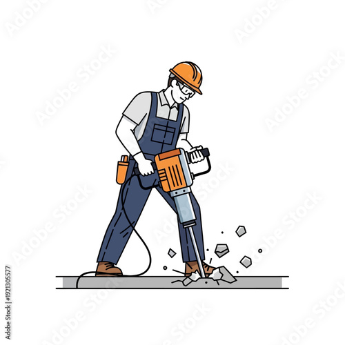 Construction worker operating a jackhammer to break concrete pavement