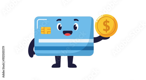 Cartoon Credit Card Character Holding Coin.