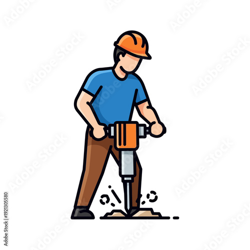 Construction worker with jackhammer breaking concrete, industrial work, heavy machinery, outdoor site