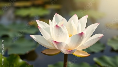 A delicate white lotus flower opens its elegant petals against a soft, tranquil pond background,  nature,  bloom