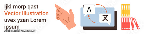 Language learning, communication tools, multilingual support, digital technology, file management, education systems. Hand pointing to translation on a screen and file organization. Language learning