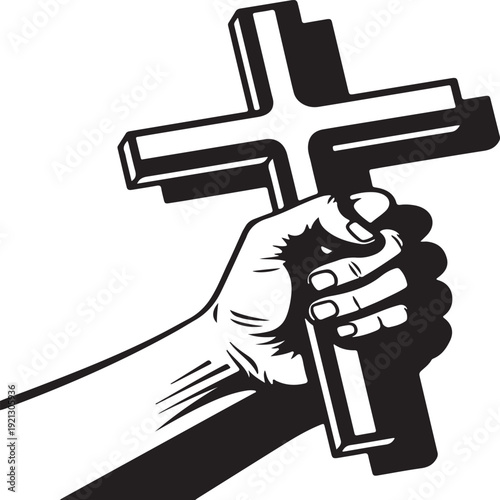 Hand holding a large black cross on a symbolizing faith