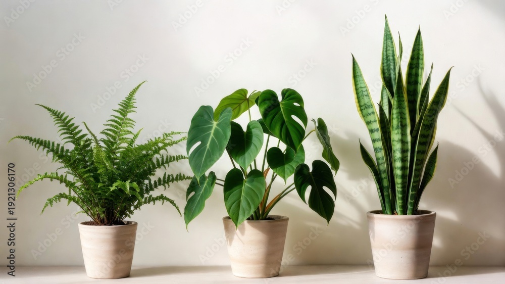 Fototapeta premium Trio of houseplants in natural light: fern, monstera, and snake plant in clay pots.