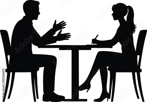 Business Meeting Silhouette Illustration, Client and Advisor Discussion Graphic, Professional Consultation Pictogram, Job Interview Silhouette Scene, vector, illustration, silhouette.