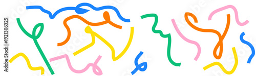 Collection colorful bold curved lines with loops isolated on white. Hand drawn bold grunge wavy and swirled brush strokes. Simple childish vector scribbles and squiggles. Creative trendy style design.