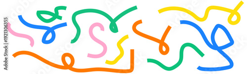 Collection colorful bold curved lines with loops isolated on white. Hand drawn bold grunge wavy and swirled brush strokes. Simple childish vector scribbles and squiggles. Creative trendy style design.