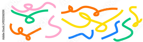 Collection colorful bold curved lines with loops isolated on white. Hand drawn bold grunge wavy and swirled brush strokes. Simple childish vector scribbles and squiggles. Creative trendy style design.