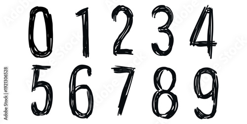 Set scratch number vector for grunge typography. Ideal for symbolizing rough countdowns, distressed math concepts, and alternative urban designs.
