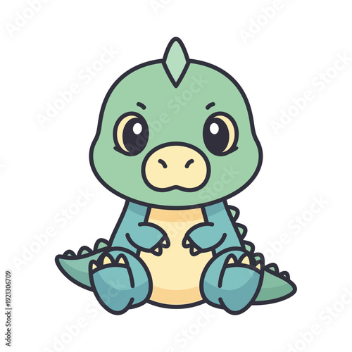 Adorable, cheerful, baby Tyrannosaurus Rex dinosaur character with big innocent eyes, sitting and smiling in a cute, rounded, cartoon style on a white background.