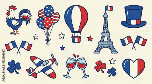 French Celebration Icon Vector Set – Eiffel Tower, Rooster, Flags, Balloons, and Wine Glasses in Red, White, and Blue for National Holiday Design Projects