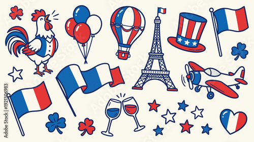 French Celebration Icon Vector Set – Eiffel Tower, Rooster, Flags, Balloons, and Wine Glasses in Red, White, and Blue for National Holiday Design Projects