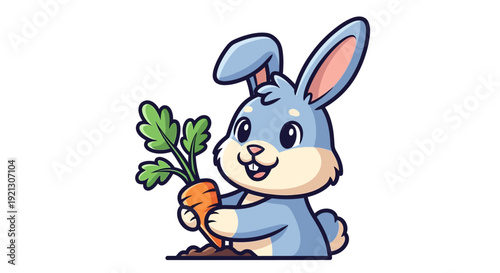 Cartoon Rabbit Holding Fresh Carrot Vegetable.