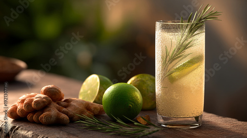 Tall Glass of Ginger Lime Drink with Rosemary Garnish Outdoors