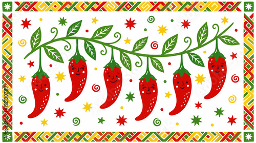 Fiesta Chili Pepper Vector Set – Red Hot Peppers with Leaves, Stars, and “Fiesta de Sabor” Banner for Mexican Party Graphics and Culinary Design Projects