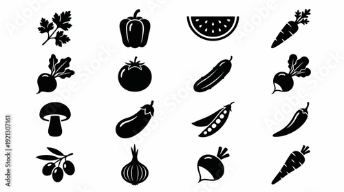 Vegetable Silhouette Icon Vector Set – Black Garden Produce Shapes Including Carrot, Tomato, Onion, and Peas for Farm Graphics and Organic Design Projects
