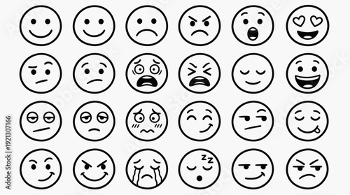 Emoji Face Vector Set – Black Line Expressions of Joy, Sadness, Anger, and Surprise for Messaging Graphics, Mood Charts, and UI Design Projects