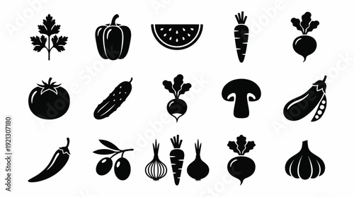 Vegetable Silhouette Icon Vector Set – Black Garden Produce Shapes Including Carrot, Tomato, Onion, and Peas for Farm Graphics and Organic Design Projects