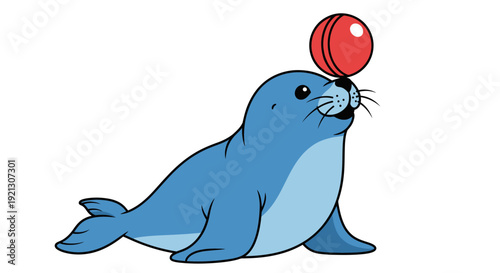 Cartoon Seal Balancing Red Cricket Ball.