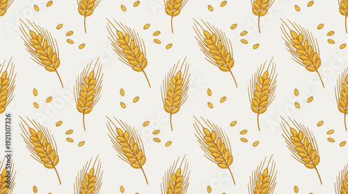 Wheat Pattern Vector – Golden Grain Ears and Seeds in Seamless Farm Design for Agricultural Graphics, Organic Packaging, and Autumn-Themed Background Projects