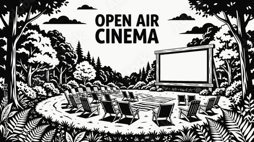 open air cinema with outdoor screen seating and natural environment black and white vector scene representing summer entertainment and community events