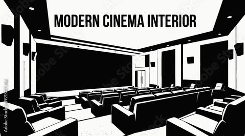 modern cinema interior with large digital screen comfortable seating and immersive viewing experience black and white vector scene featuring representing contemporary entertainment environment