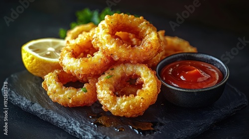 crispy golden fried calamari rings on a slate plate with lemon wedge and red dipping sauce, garnished with parsley, tempting and savory