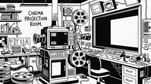 cinema projection room with projector equipment film reels and technical setup black and white vector scene featuring representing movie production and film screening process